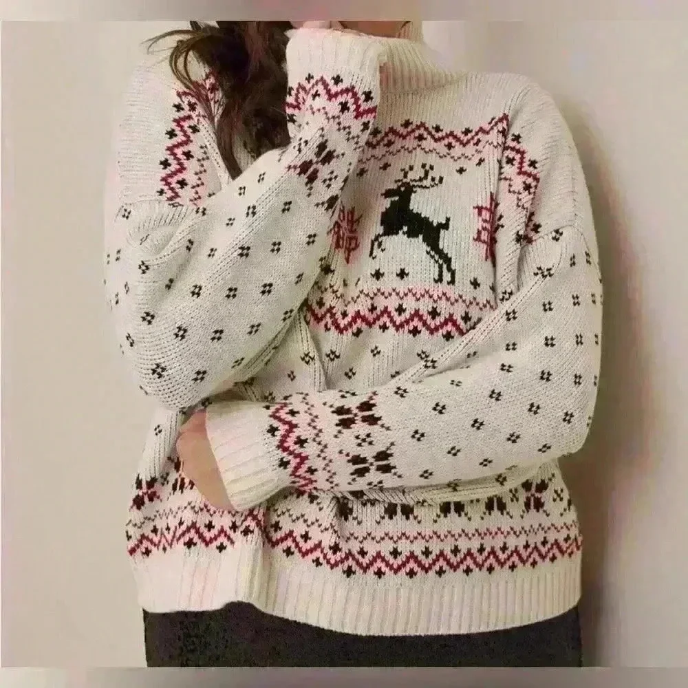 TORRID Knit Turtleneck Christmas Pullover Cropped Sweater in Cream/Black/Red